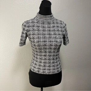 Black and White Grid Mock Neck Sweater Top